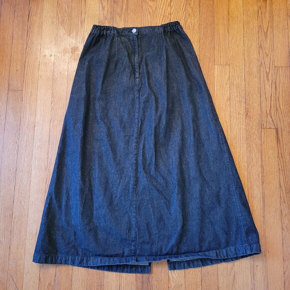 Roamans 8 Black Denim Long A Line Skirt Cotton Maxi Modest Front Slit - Picture 2 of 4